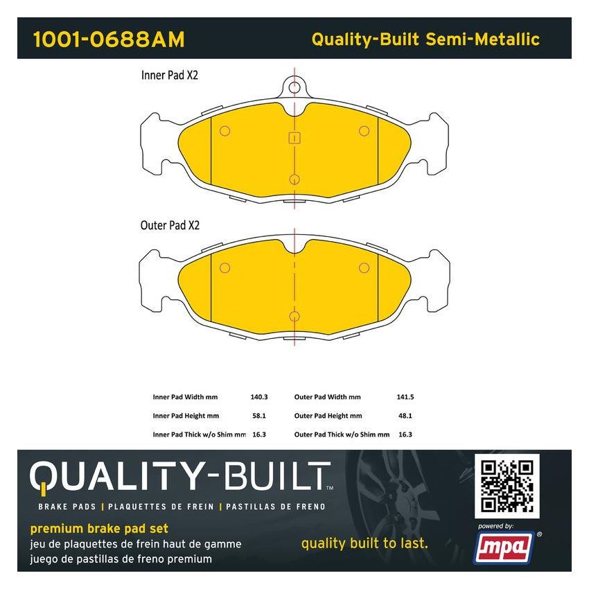 MPA 1001-0688AM Quality-Built Premium Semi-Metallic Brake Pads w/ Hardware