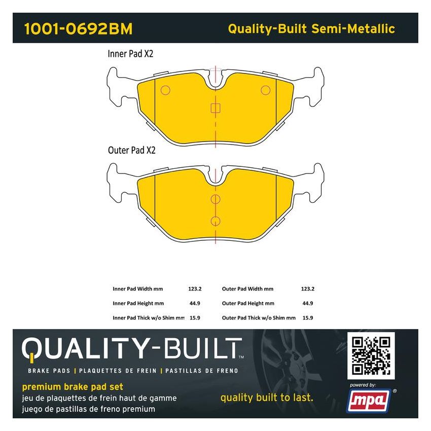 MPA 1001-0692BM Quality-Built Premium Semi-Metallic Brake Pads w/ Hardware