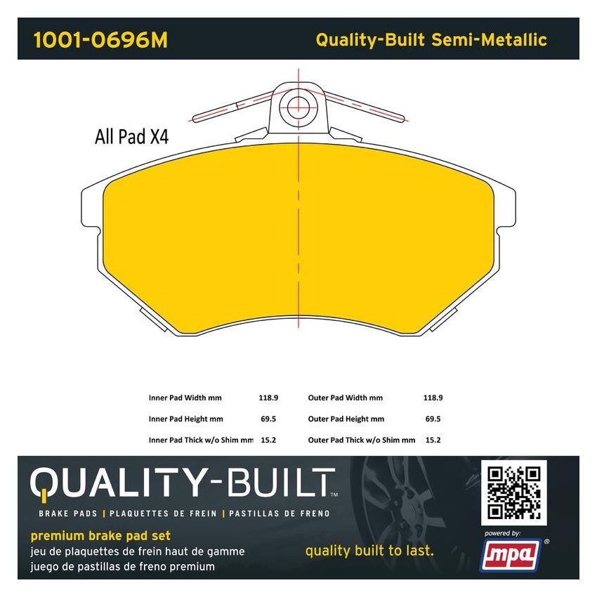MPA 1001-0696M Quality-Built Premium Semi-Metallic Brake Pads w/ Hardware