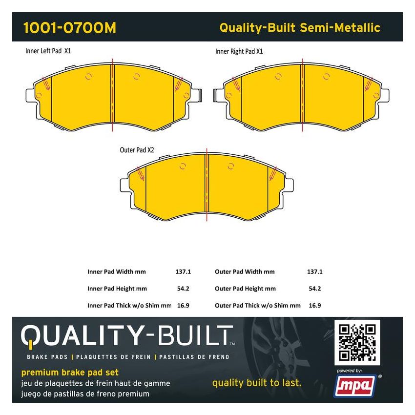 MPA 1001-0700M Quality-Built Premium Semi-Metallic Brake Pads w/ Hardware
