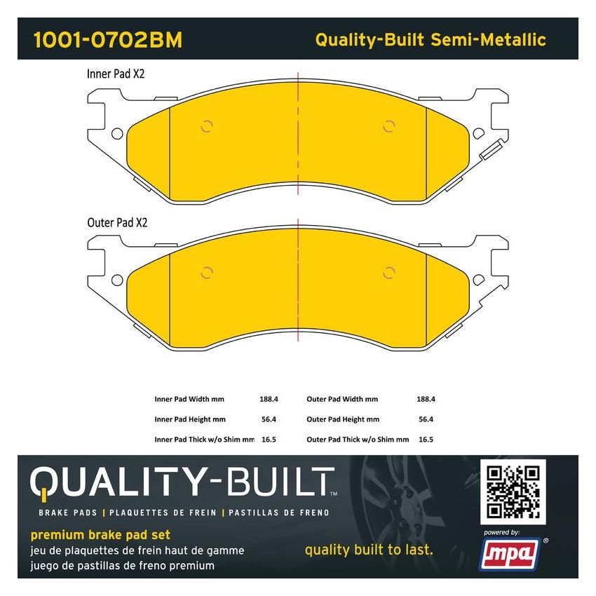 MPA 1001-0702BM Quality-Built Premium Semi-Metallic Brake Pads w/ Hardware