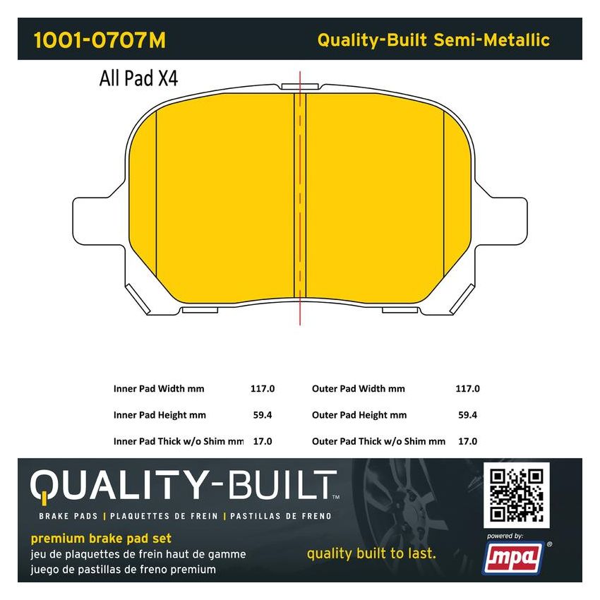 MPA 1001-0707M Quality-Built Premium Semi-Metallic Brake Pads w/ Hardware