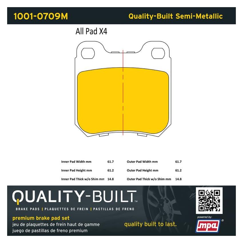 MPA 1001-0709M Quality-Built Premium Semi-Metallic Brake Pads w/ Hardware