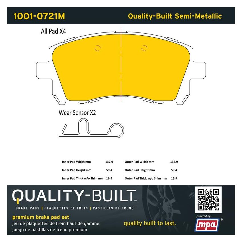 MPA 1001-0721M Quality-Built Premium Semi-Metallic Brake Pads w/ Hardware