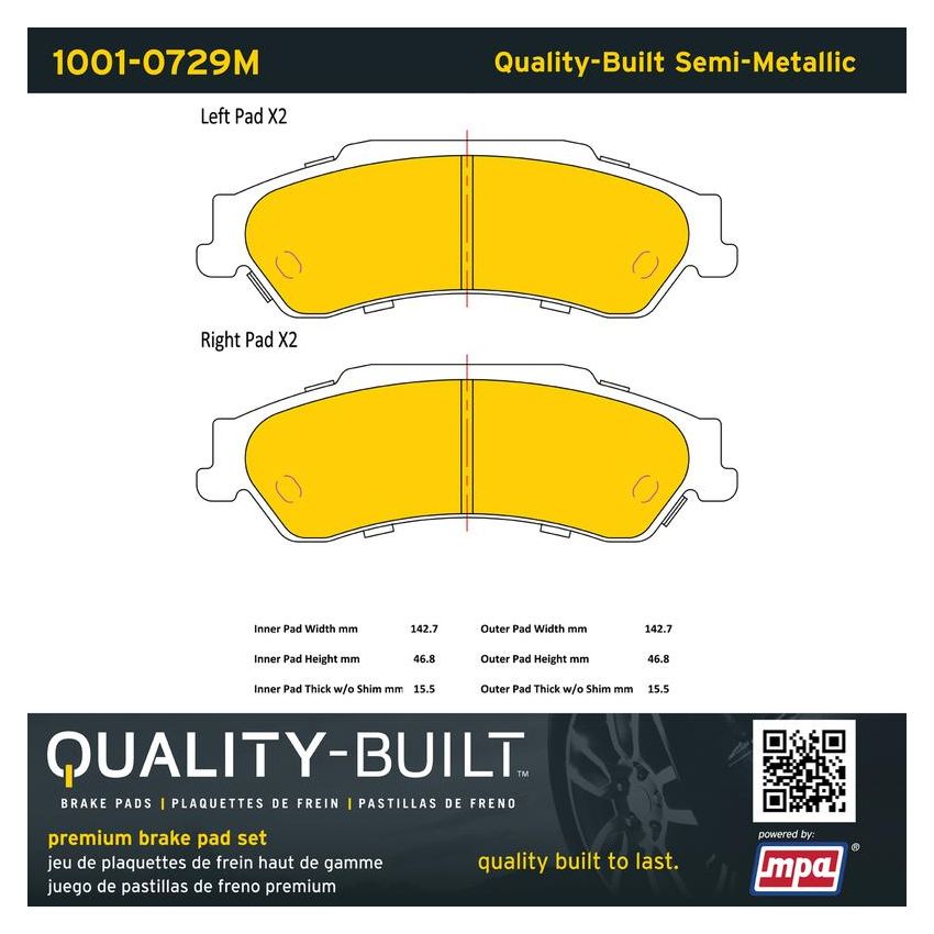 MPA 1001-0729M Quality-Built Premium Semi-Metallic Brake Pads w/ Hardware