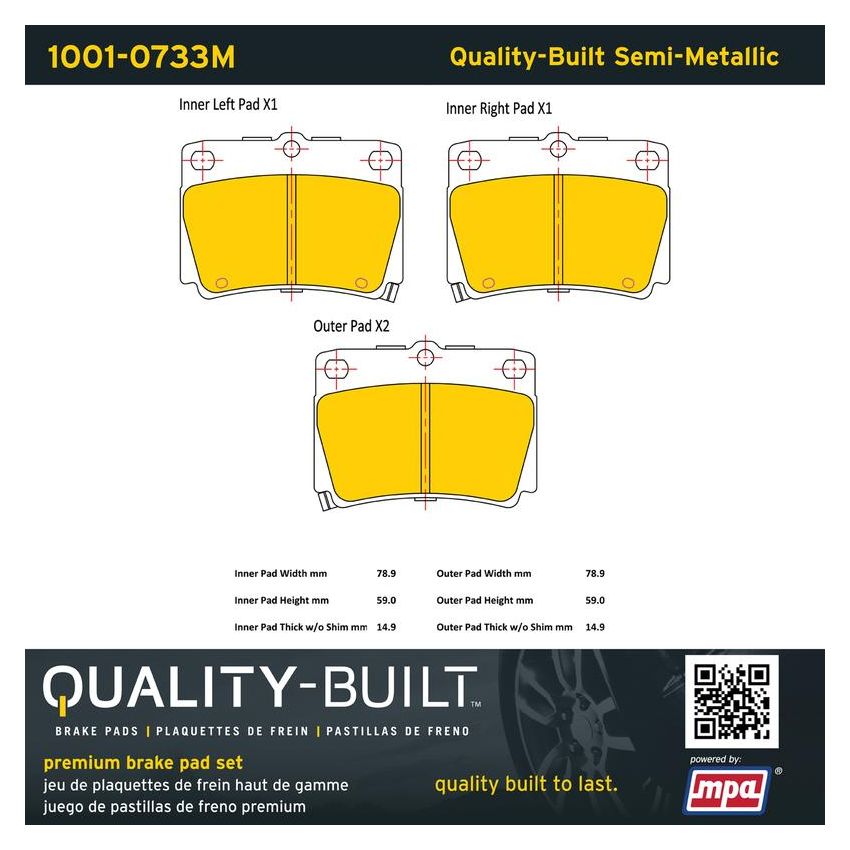 MPA 1001-0733M Quality-Built Premium Semi-Metallic Brake Pads w/ Hardware