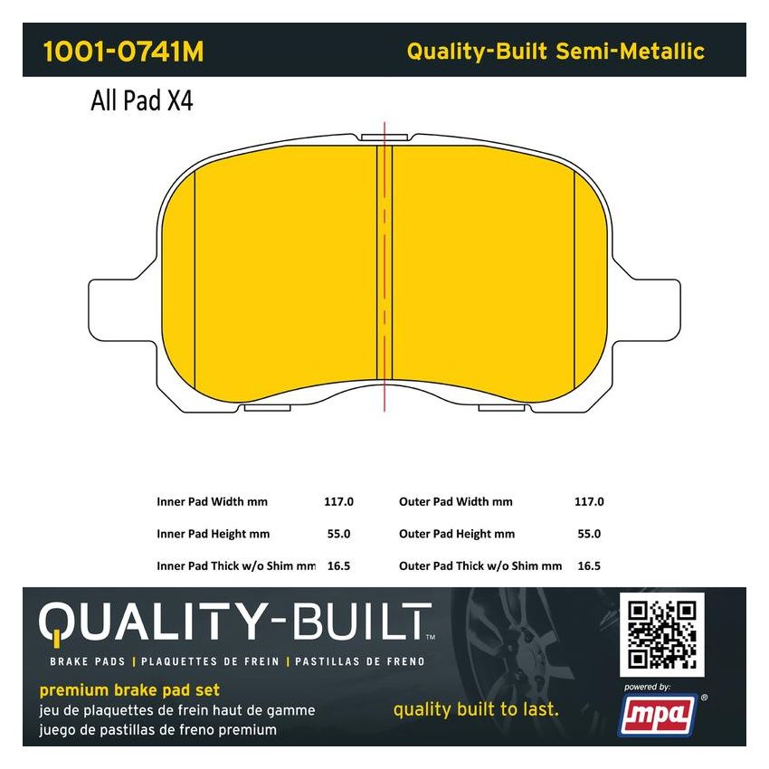 MPA 1001-0741M Quality-Built Premium Semi-Metallic Brake Pads w/ Hardware