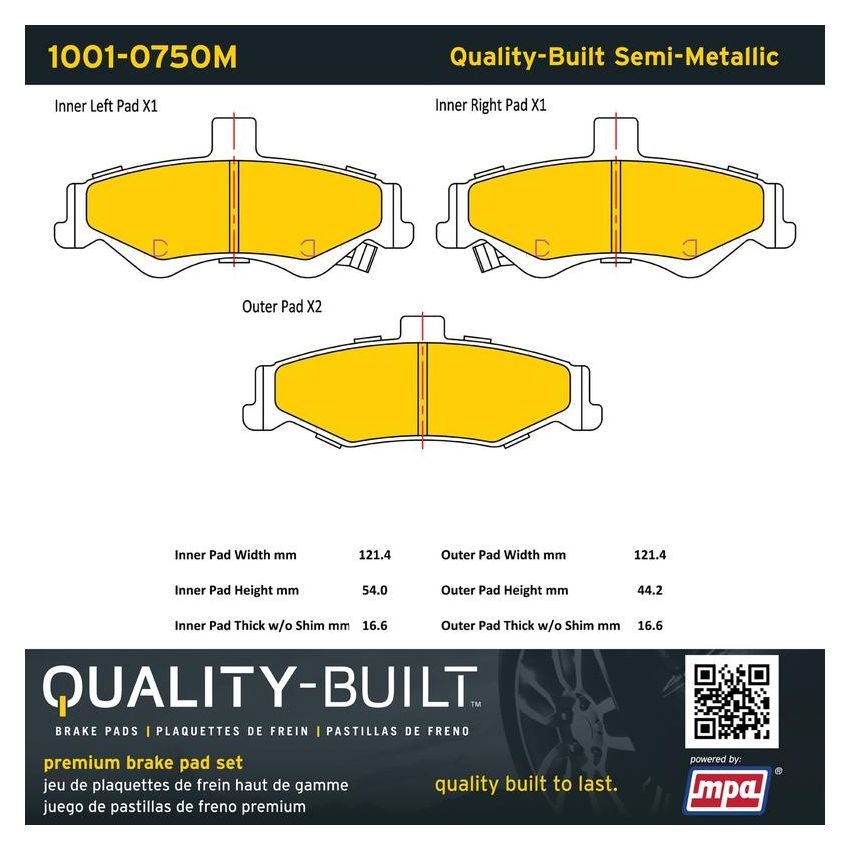 MPA 1001-0750M Quality-Built Premium Semi-Metallic Brake Pads w/ Hardware