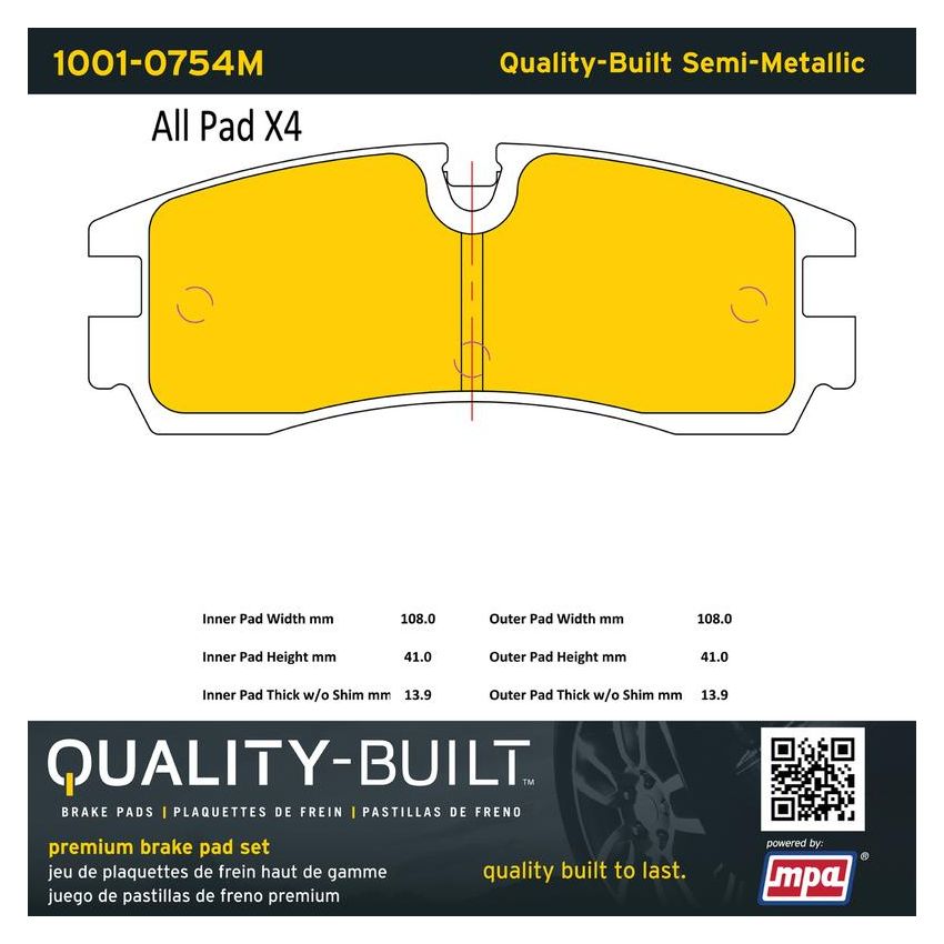 MPA 1001-0754M Quality-Built Premium Semi-Metallic Brake Pads w/ Hardware