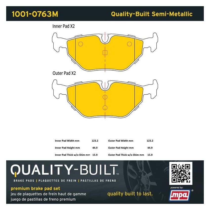 MPA 1001-0763M Quality-Built Premium Semi-Metallic Brake Pads w/ Hardware