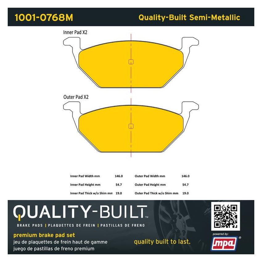 MPA 1001-0768M Quality-Built Premium Semi-Metallic Brake Pads w/ Hardware