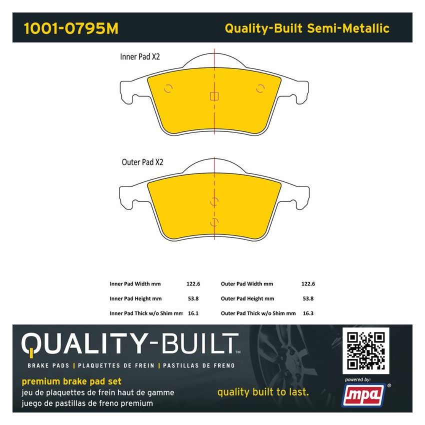 MPA 1001-0795M Quality-Built Premium Semi-Metallic Brake Pads w/ Hardware