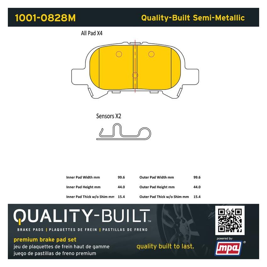 MPA 1001-0828M Quality-Built Premium Semi-Metallic Brake Pads w/ Hardware