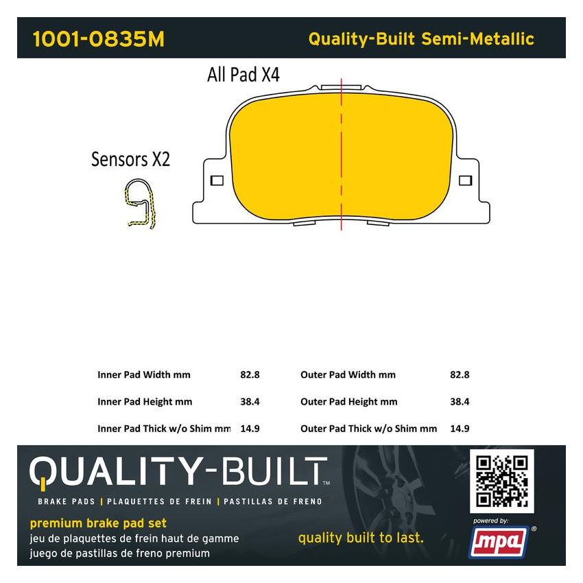 MPA 1001-0835M Quality-Built Premium Semi-Metallic Brake Pads w/ Hardware