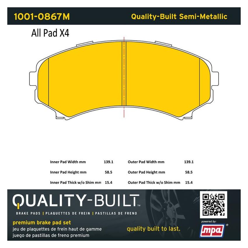MPA 1001-0867M Quality-Built Premium Semi-Metallic Brake Pads w/ Hardware