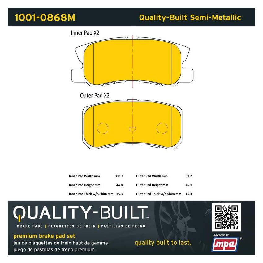 MPA 1001-0868M Quality-Built Premium Semi-Metallic Brake Pads w/ Hardware