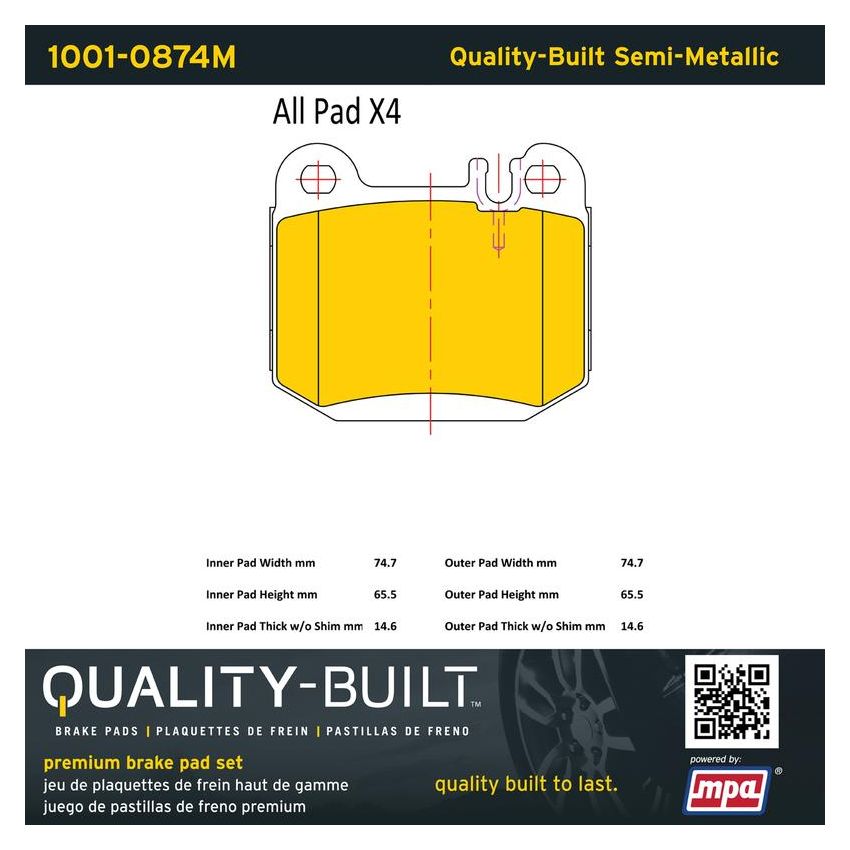 MPA 1001-0874M Quality-Built Premium Semi-Metallic Brake Pads w/ Hardware