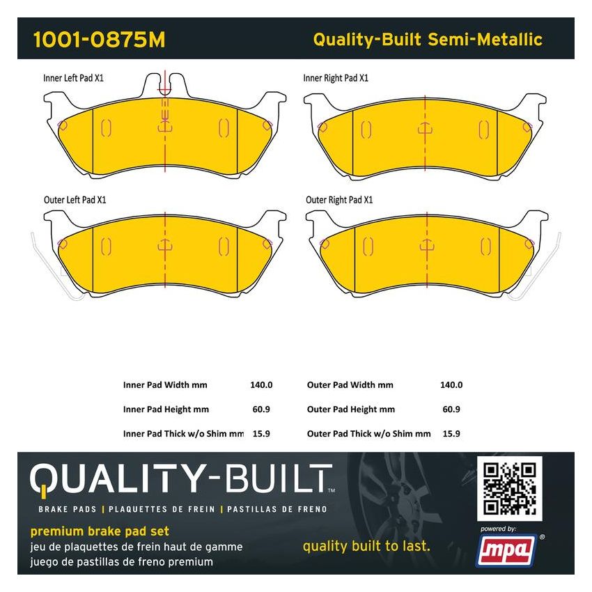 MPA 1001-0875M Quality-Built Premium Semi-Metallic Brake Pads w/ Hardware