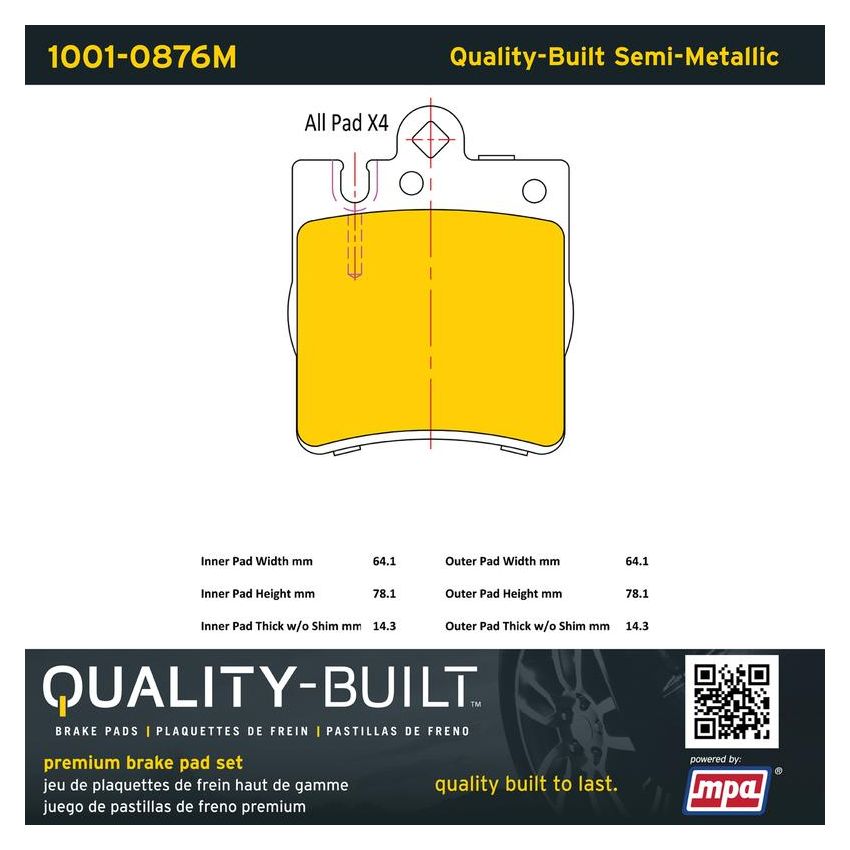 MPA 1001-0876M Quality-Built Premium Semi-Metallic Brake Pads w/ Hardware
