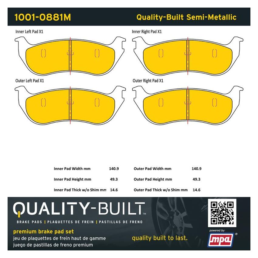 MPA 1001-0881M Quality-Built Premium Semi-Metallic Brake Pads w/ Hardware