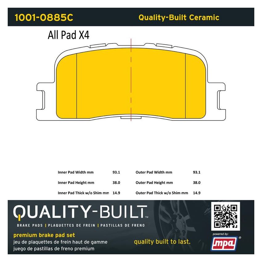 MPA 1001-0885C Quality-Built Premium Ceramic Brake Pads w/ Hardware