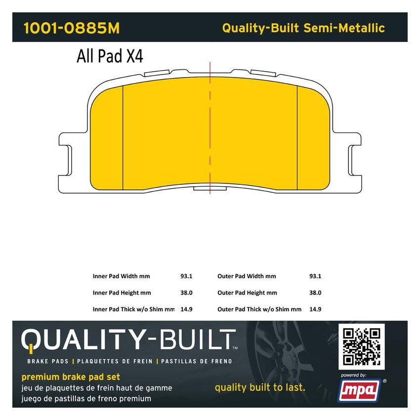 MPA 1001-0885M Quality-Built Premium Semi-Metallic Brake Pads w/ Hardware