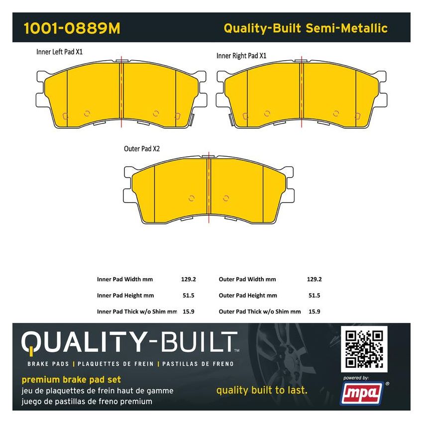 MPA 1001-0889M Quality-Built Premium Semi-Metallic Brake Pads w/ Hardware