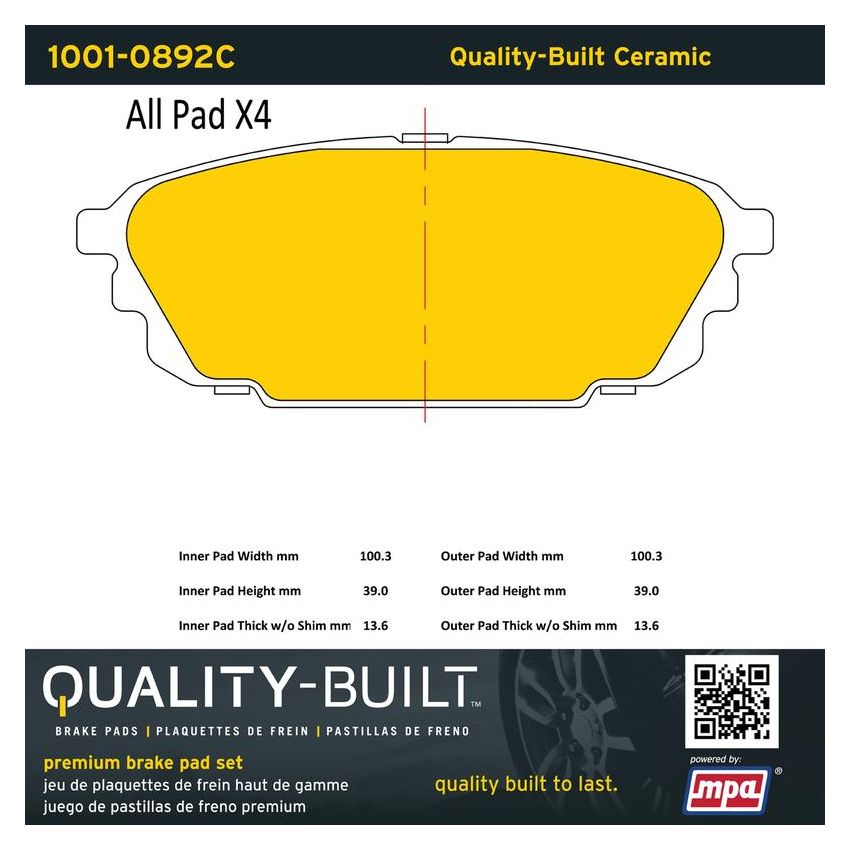 MPA 1001-0892C Quality-Built Premium Ceramic Brake Pads w/ Hardware