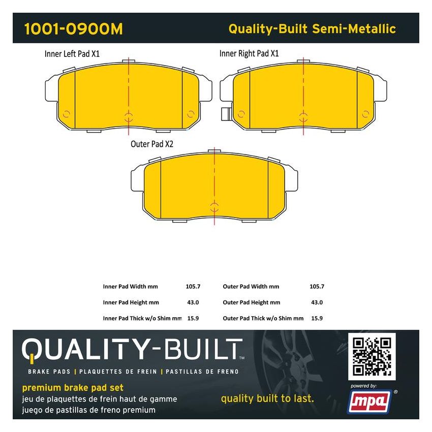 MPA 1001-0900M Quality-Built Premium Semi-Metallic Brake Pads w/ Hardware