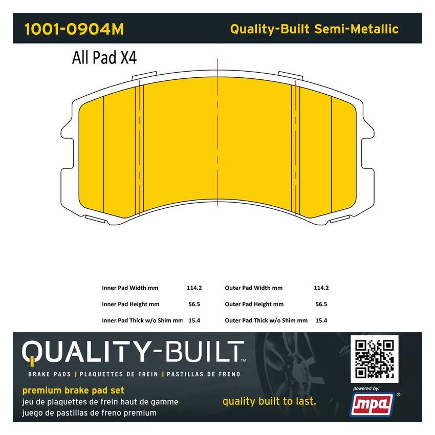 MPA 1001-0904M Quality-Built Premium Semi-Metallic Brake Pads w/ Hardware