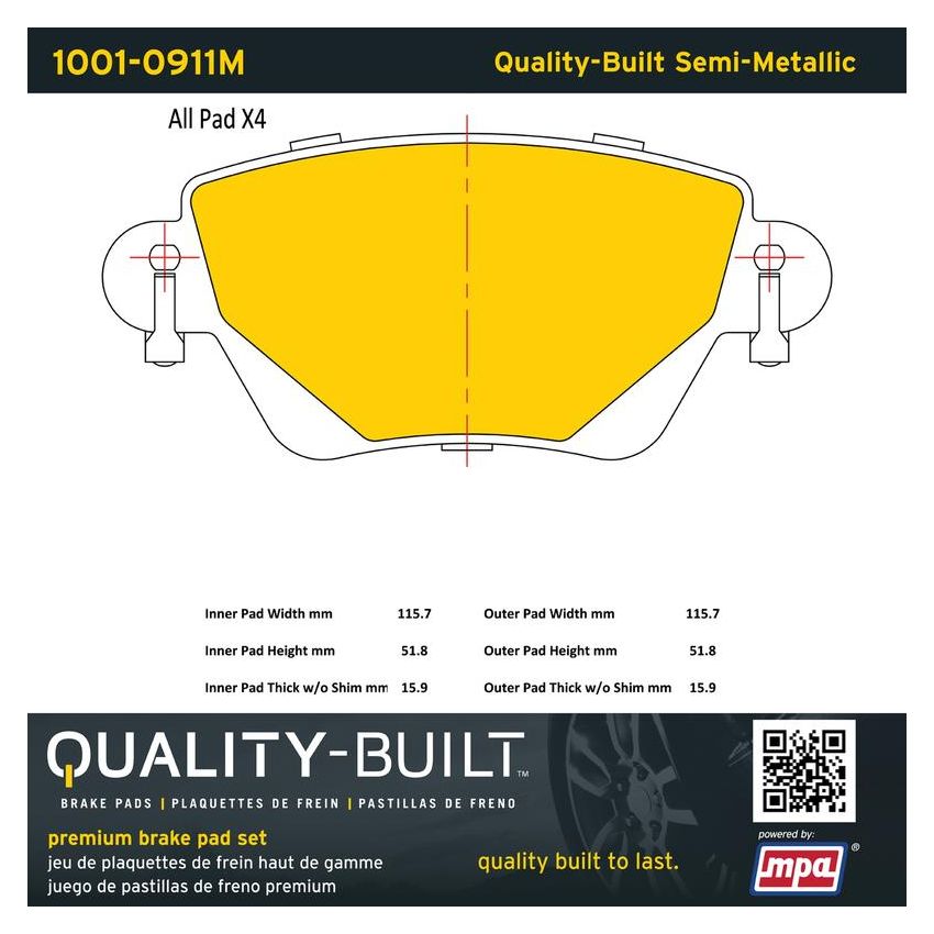 MPA 1001-0911M Quality-Built Premium Semi-Metallic Brake Pads