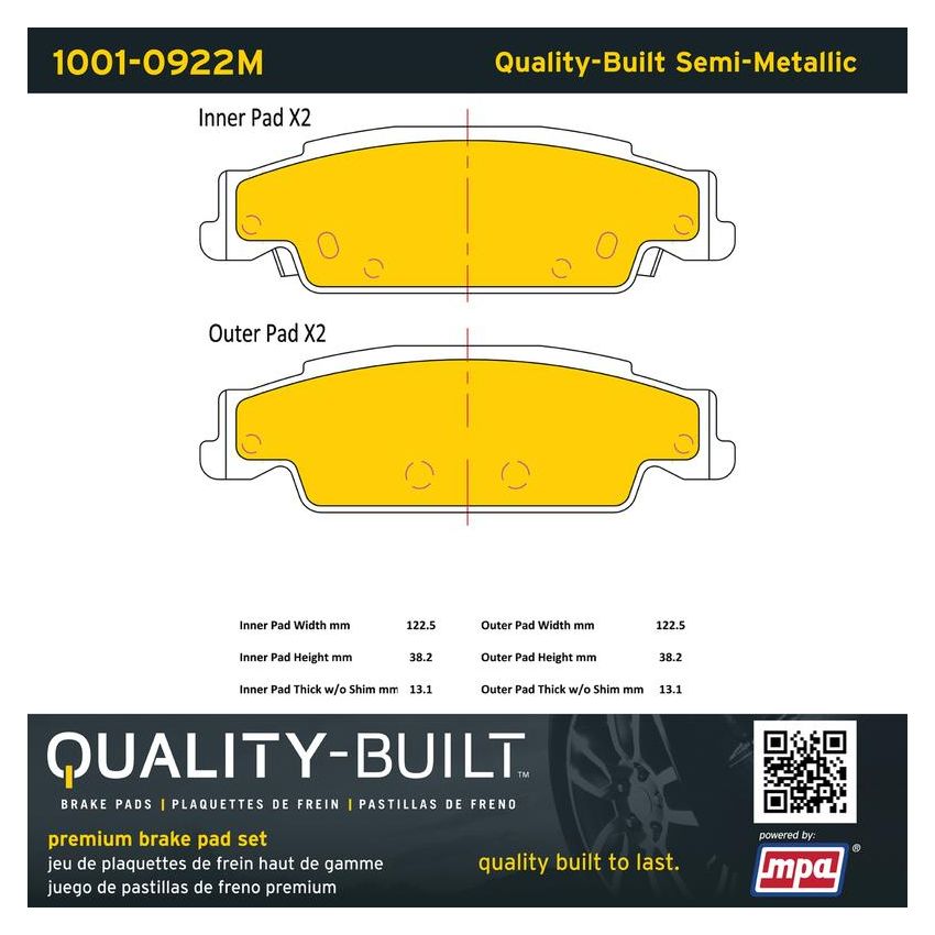 MPA 1001-0922M Quality-Built Premium Semi-Metallic Brake Pads w/ Hardware