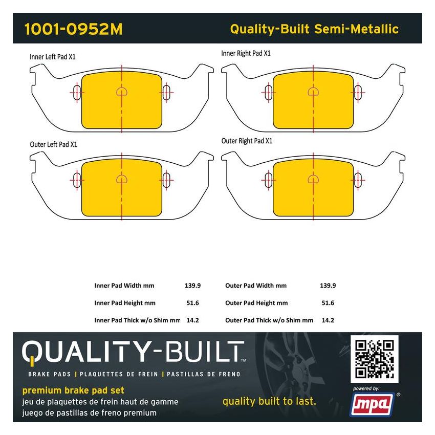 MPA 1001-0952M Quality-Built Premium Semi-Metallic Brake Pads w/ Hardware