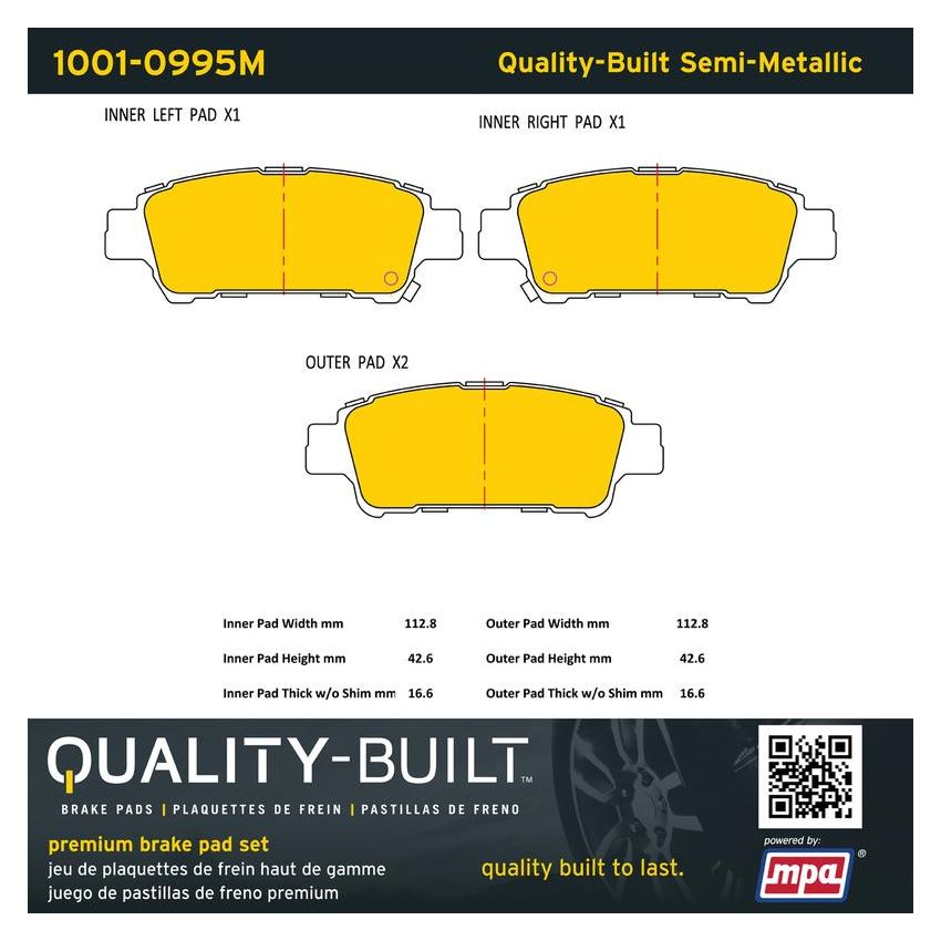 MPA 1001-0995M Quality-Built Premium Semi-Metallic Brake Pads w/ Hardware