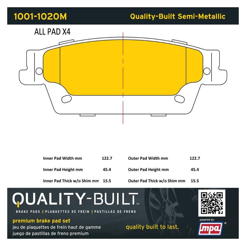 MPA 1001-1020M Quality-Built Premium Semi-Metallic Brake Pads w/ Hardware