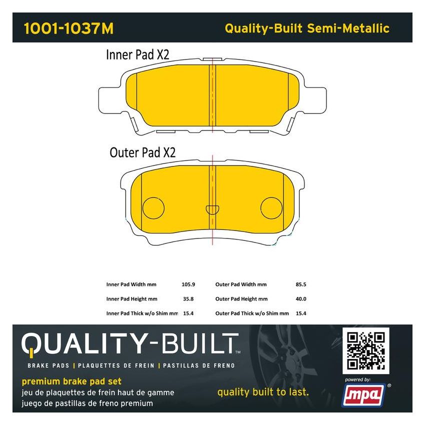 MPA 1001-1037M Quality-Built Premium Semi-Metallic Brake Pads w/ Hardware