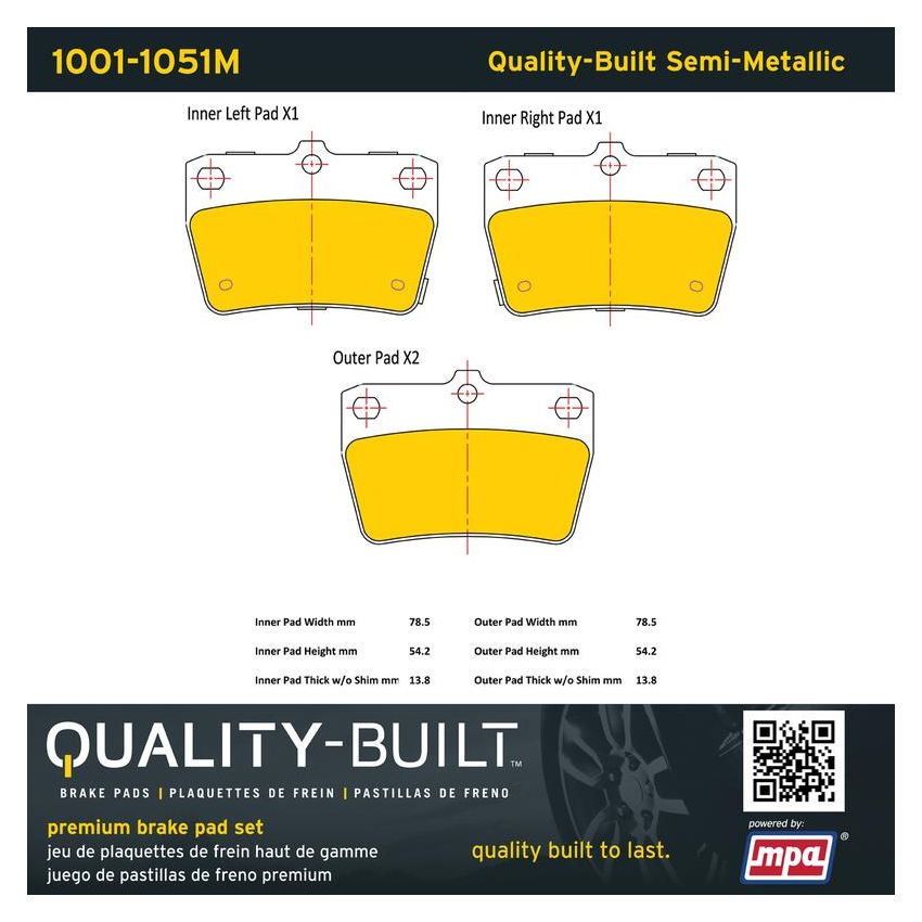 MPA 1001-1051M Quality-Built Premium Semi-Metallic Brake Pads w/ Hardware