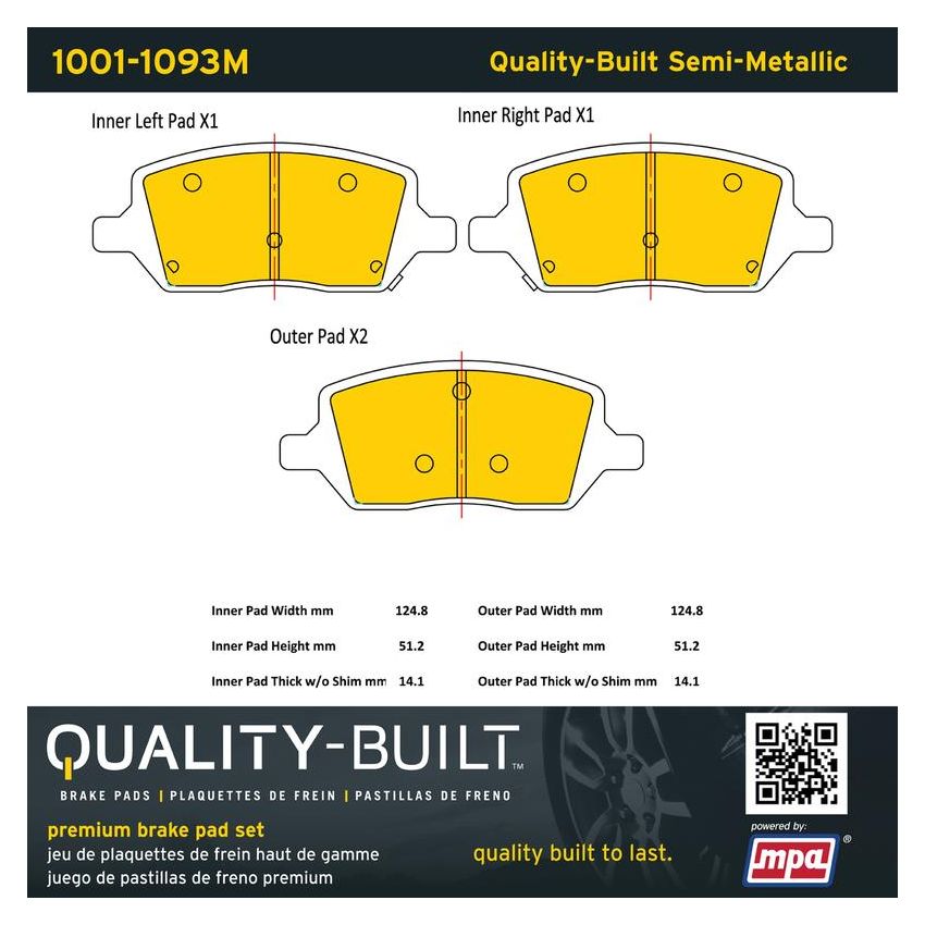 MPA 1001-1093M Quality-Built Premium Semi-Metallic Brake Pads w/ Hardware