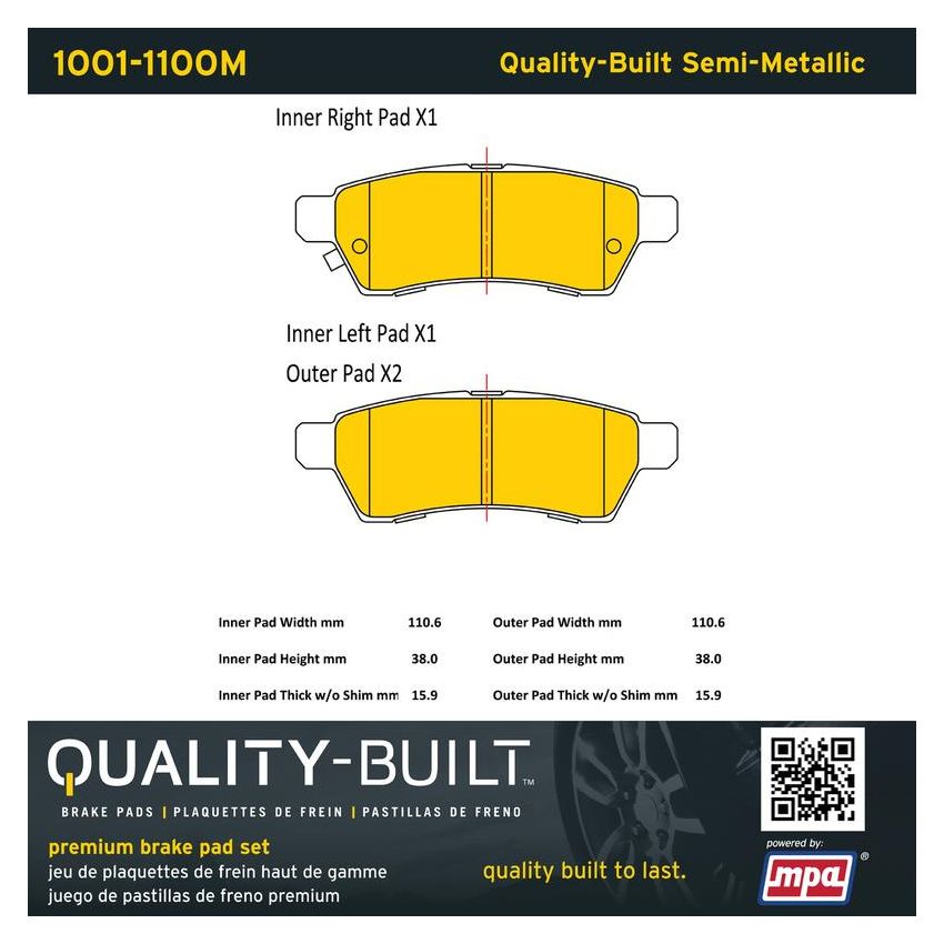MPA 1001-1100M Quality-Built Premium Semi-Metallic Brake Pads w/ Hardware