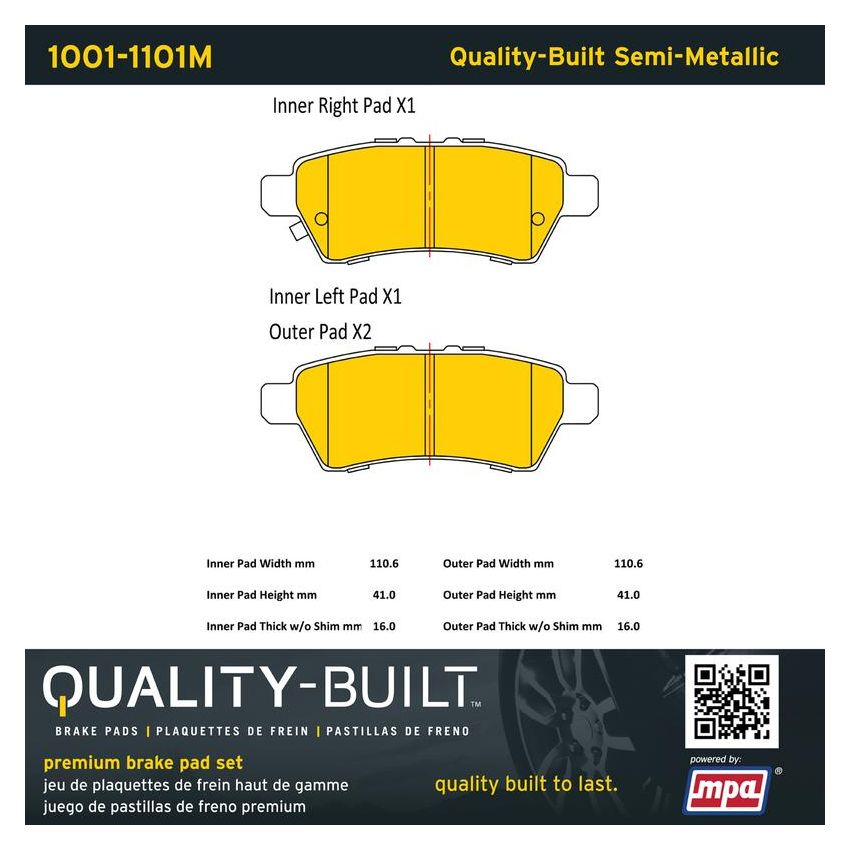 MPA 1001-1101M Quality-Built Premium Semi-Metallic Brake Pads w/ Hardware