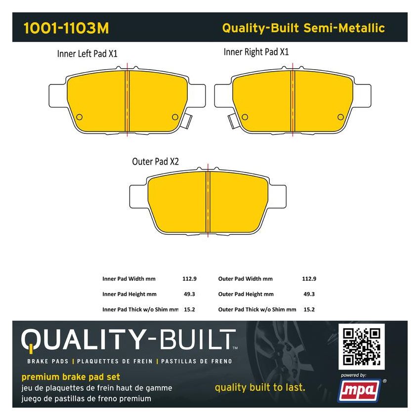 MPA 1001-1103M Quality-Built Premium Semi-Metallic Brake Pads w/ Hardware