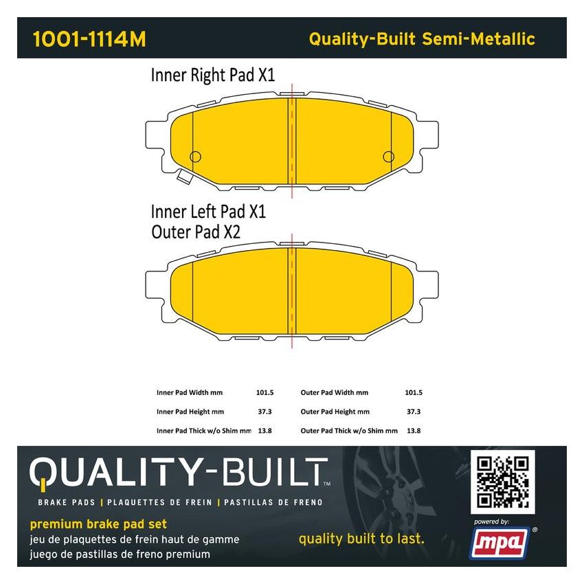 MPA 1001-1114M Quality-Built Premium Semi-Metallic Brake Pads w/ Hardware
