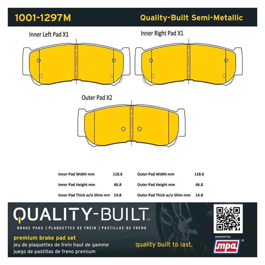 MPA 1001-1297M Quality-Built Premium Semi-Metallic Brake Pads w/ Hardware