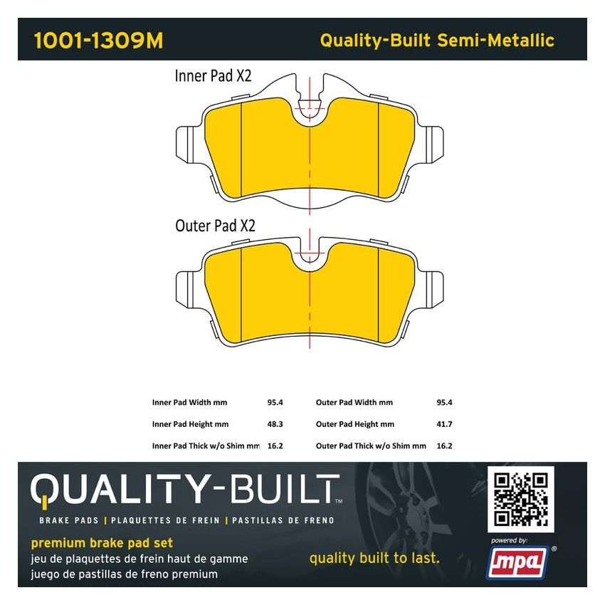 MPA 1001-1309M Quality-Built Premium Semi-Metallic Brake Pads w/ Hardware