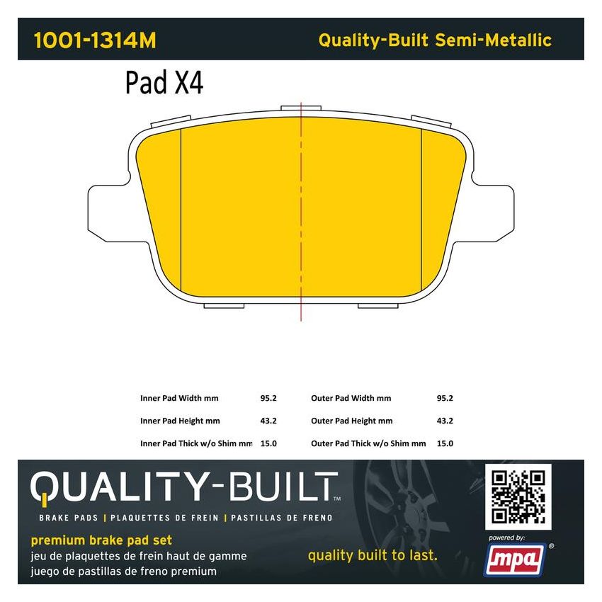 MPA 1001-1314M Quality-Built Premium Semi-Metallic Brake Pads w/ Hardware