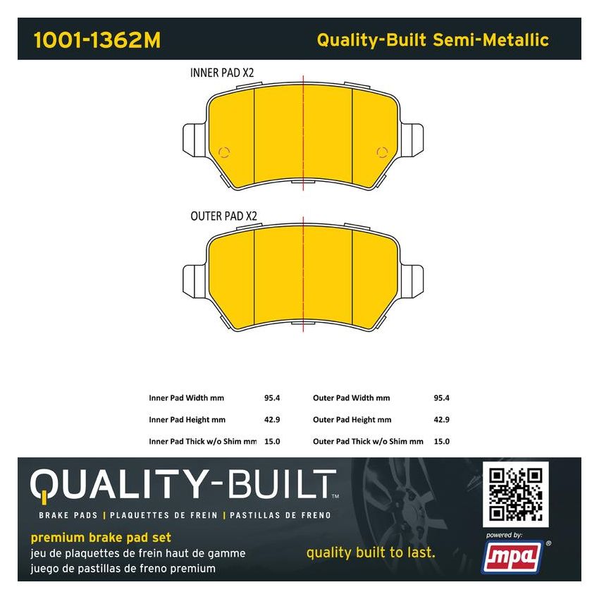 MPA 1001-1362M Quality-Built Premium Semi-Metallic Brake Pads w/ Hardware