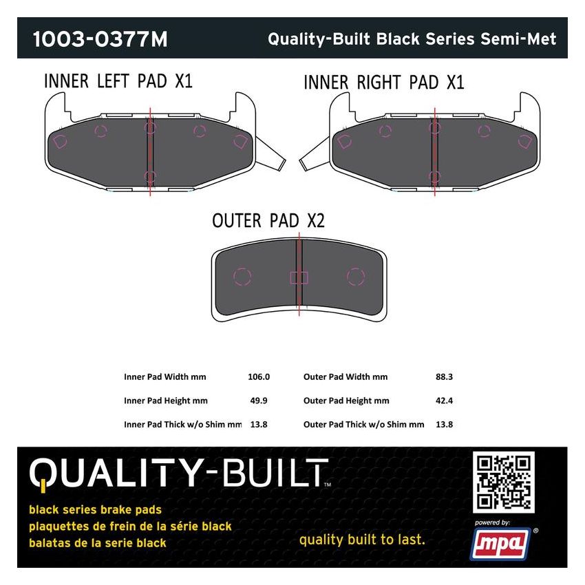 MPA 1003-0377M Quality-Built Black Series Semi-Metallic Brake Pads w/ Hardware