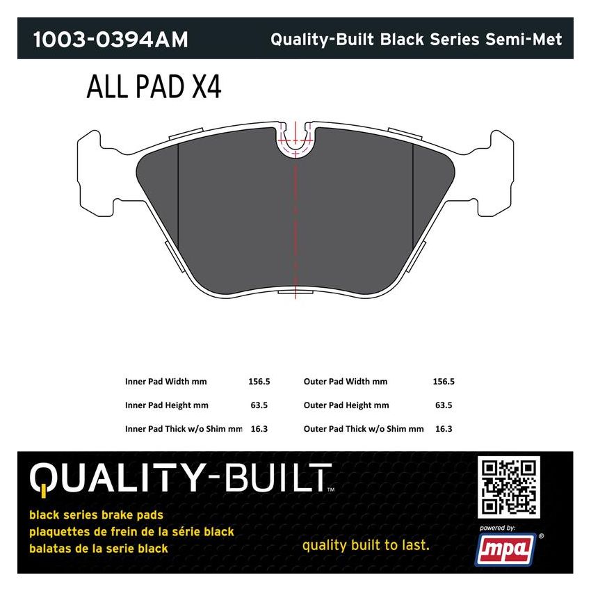MPA 1003-0394AM Quality-Built Black Series Semi-Metallic Brake Pads w/ Hardware