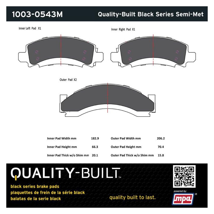 MPA 1003-0543M Quality-Built Black Series Semi-Metallic Brake Pads w/ Hardware