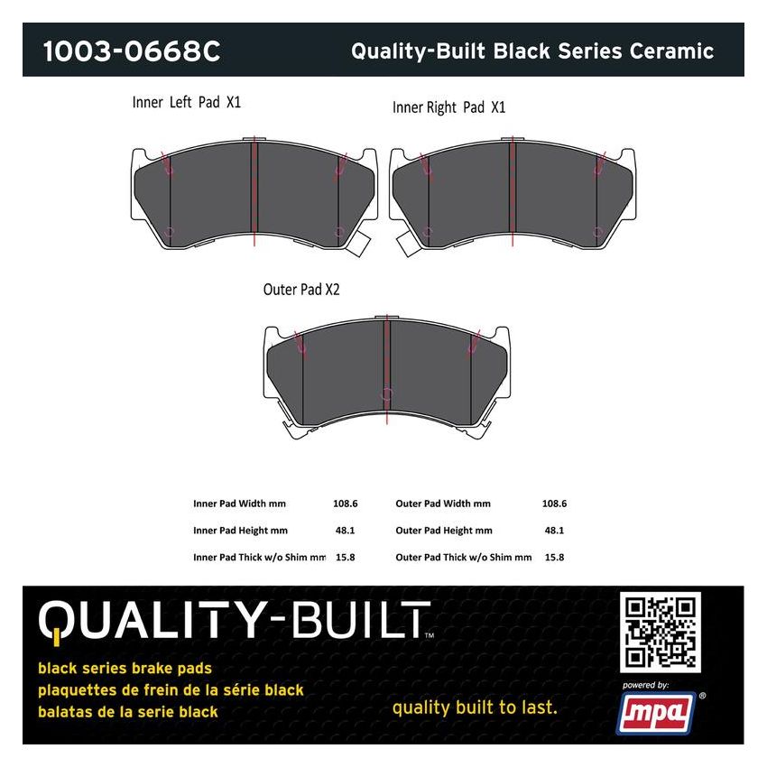 MPA 1003-0668C Quality-Built Black Series Ceramic Brake Pads w/ Hardware